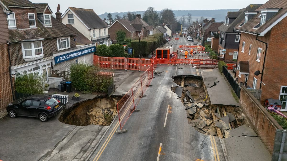 An aerial photograph shows a sinkhole in the road on February 19, 2025 in Godstone, England