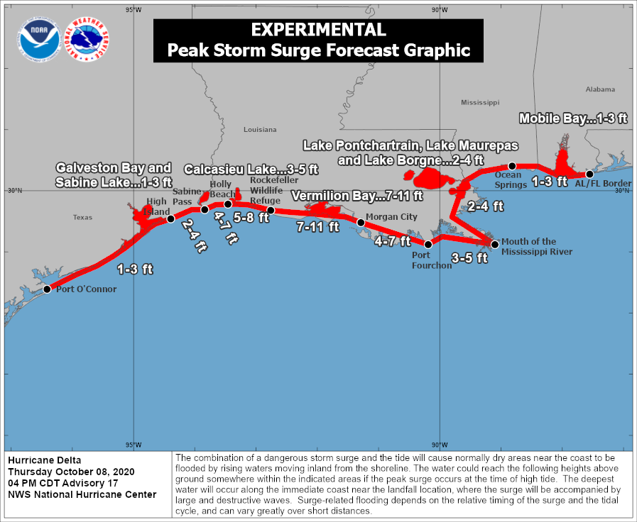 A National Hurricane Center graphic maps anticipated storm surge during landfall Friday (Oct. 9).