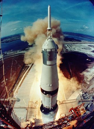 The Apollo 11 launch, as seen from NASA's launch tower camera.