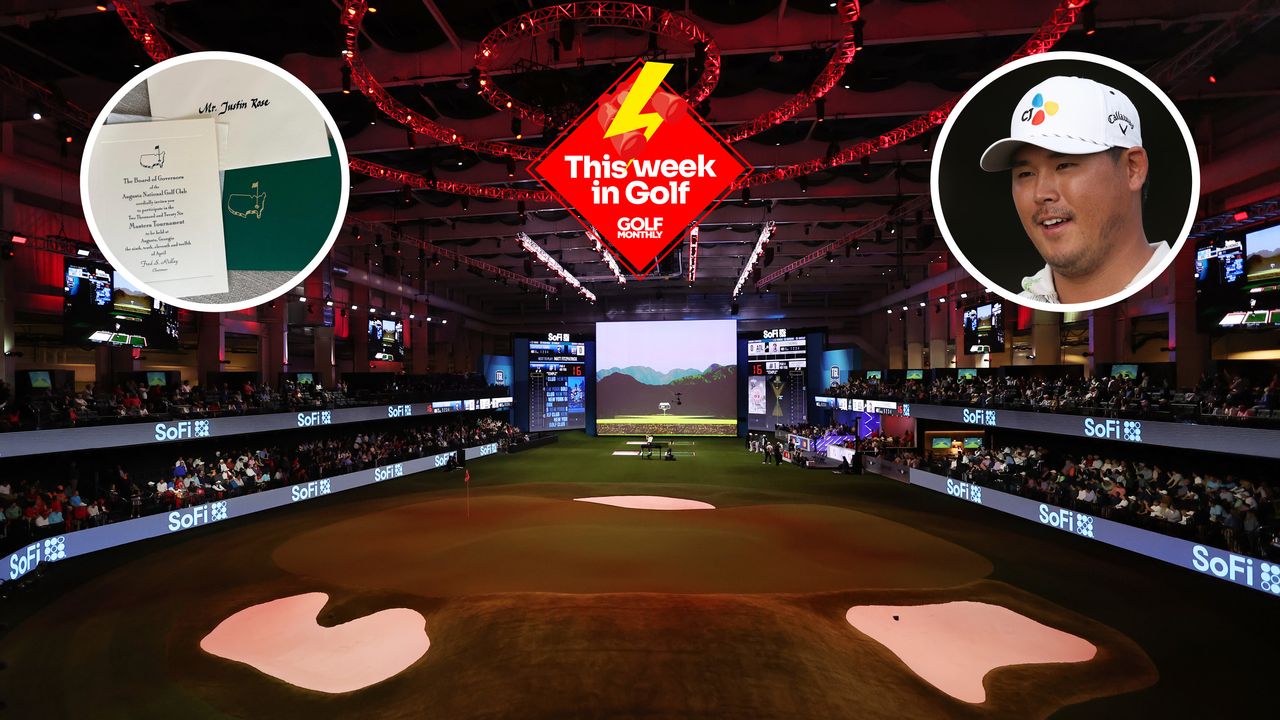Main image of SoFi Center before the TGL Season 1 finals and inset images of Justin Rose's Masters invite (top left) and a headshot of Si Woo Kim (top right)
