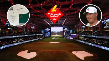 Main image of SoFi Center before the TGL Season 1 finals and inset images of Justin Rose's Masters invite (top left) and a headshot of Si Woo Kim (top right)