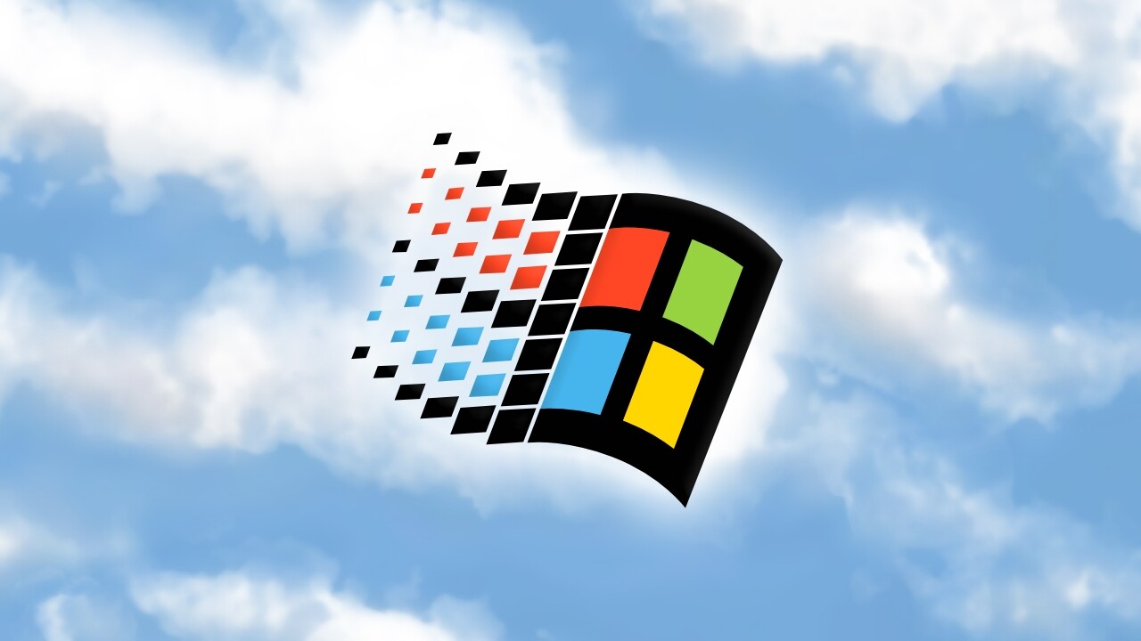 Windows 95/98 logo on cloud background.