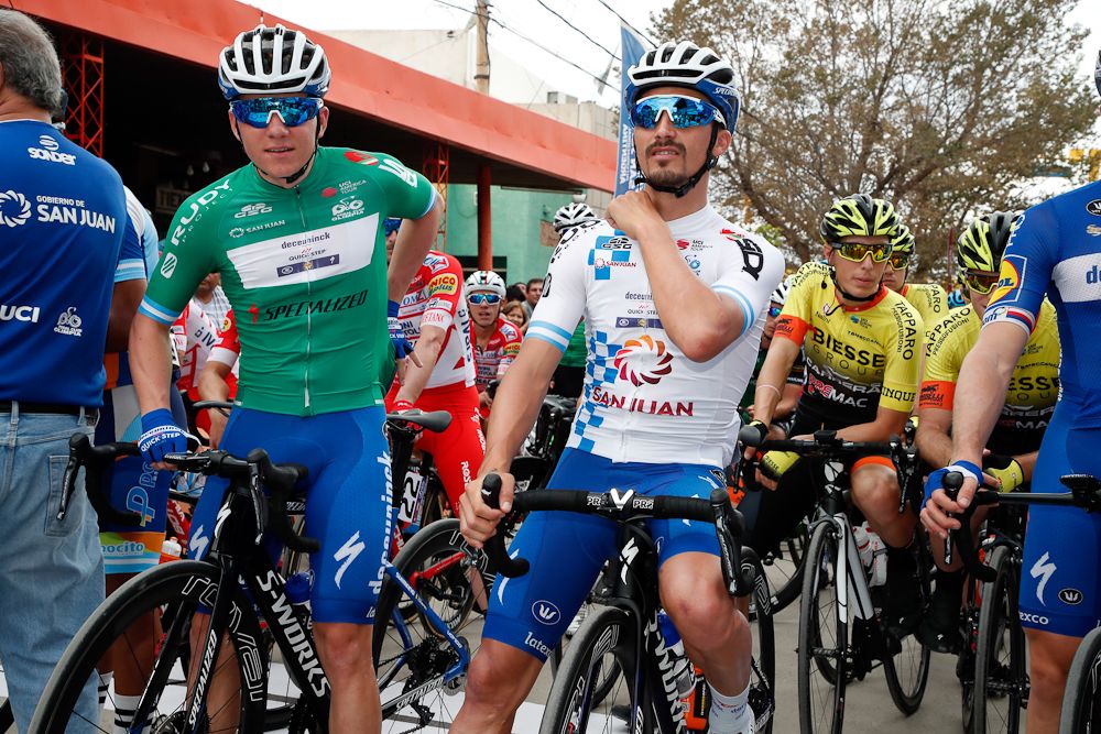 Deceuninck-QuickStep's Remco Evenepoel and Julian Alaphilippe wait for the start of stage 4 in San Juan