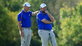 Rory McIlroy and Shane Lowry in the Friday afternoon fourball match in the 2021 Ryder Cup at Whistling Straits