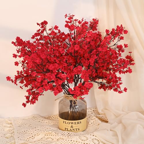 Yastouay Red Fake Flowers Artificial Flowers, 5pcs Real Touch Silk Flowers Faux Flowers for Decorations, Babys Breath Artificial Flowers Bulk for Spring Decor Floral Arrangement