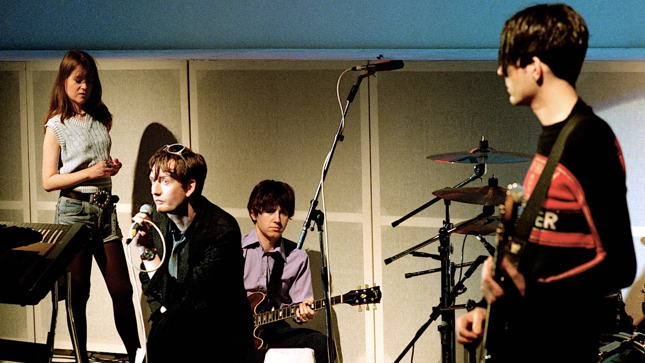 Pulp&#039;s Candida Doyle, Jarvis Cocker, Mark Webber, Steve Mackey on set of TV show White Room