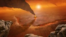 Volcanic activity at a coronae. Smoke billows from a small vent on a field of lava.