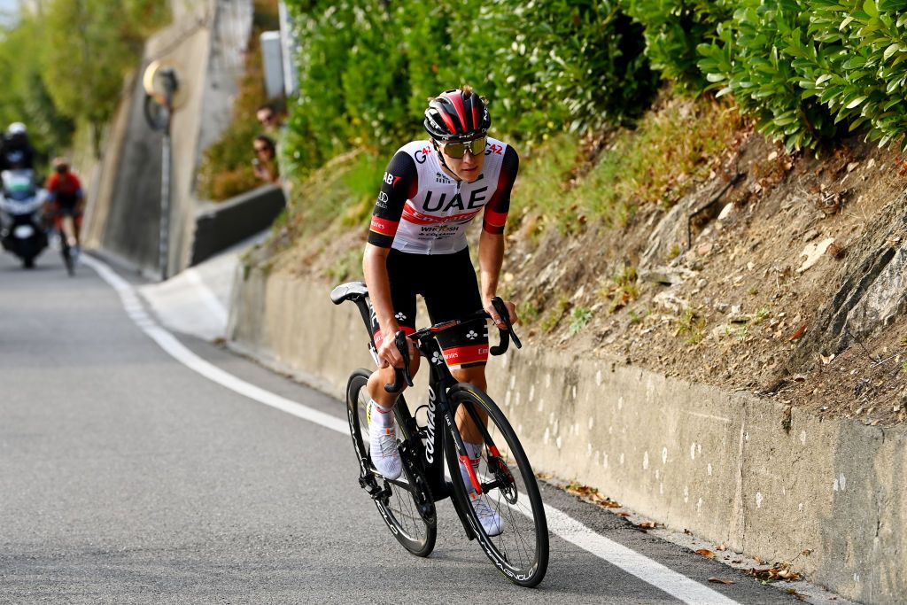 Tadej Pogacar (UAE Team Emirates) on the attack in 2022 at Il Lombardia