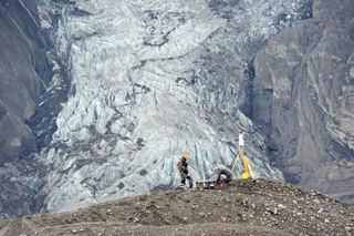 Dunning and his colleague Andrew Large operating the Terrestrial Laser Scanner to capture a 3D map of the post-eruption landscape in front of Gigjokull Glacier.