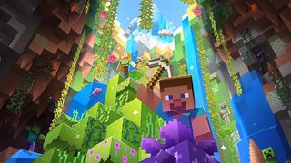 Minecraft update 1.18 key art- Steve holds a pickaxe to mine an amethyst block while Alyx explores a cave opening above.