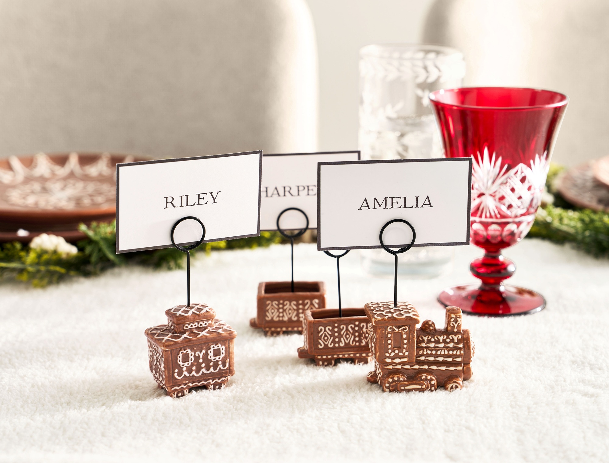 gingerbread ceramic train place card holders