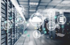 Abstract image showing the inside of a data centre with graphics of clouds and symbols overlaid