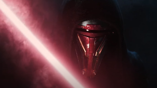A lightsaber-wielding Revan from Knights of the Old Republic wields a gleaming blade.