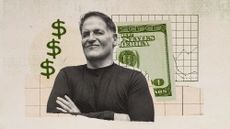 Photo collage of Mark Cuban, a 100 dollar bill, and a chart in the background