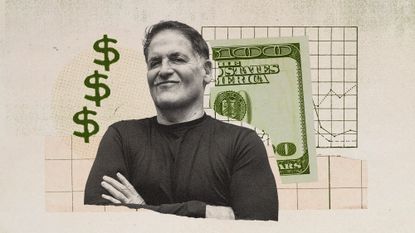 Photo collage of Mark Cuban, a 100 dollar bill, and a chart in the background
