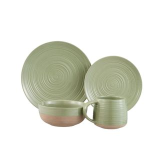 A sage green stoneware dinnerware set