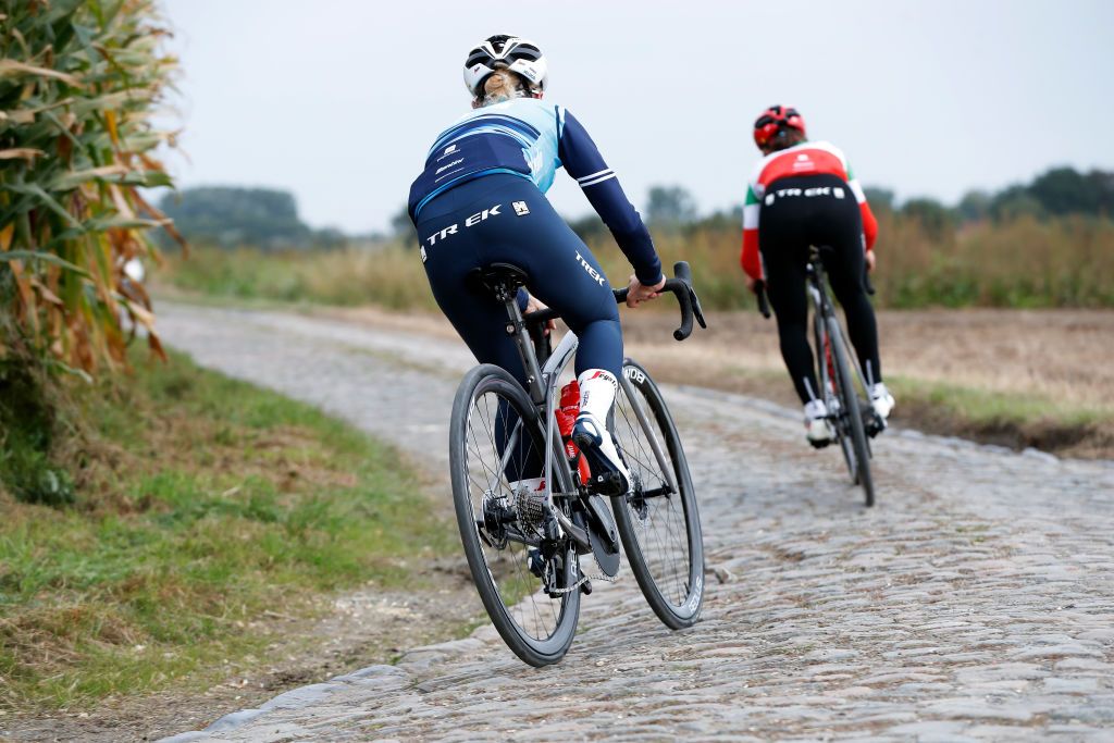 ARENBERG FRANCE SEPTEMBER 30 Elisa Longo Borghini of Italy and Trixi Worrack of Germany and Team TrekSegafredo during the 118th Paris Roubaix 2021 Training Day 1 ParisRoubaix on September 30 2021 in Arenberg France Photo by Bas CzerwinskiGetty Images