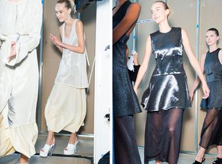 Think T-shirt dresses with a sheer metallic embroidered mesh that coyly revealed the models' legs.