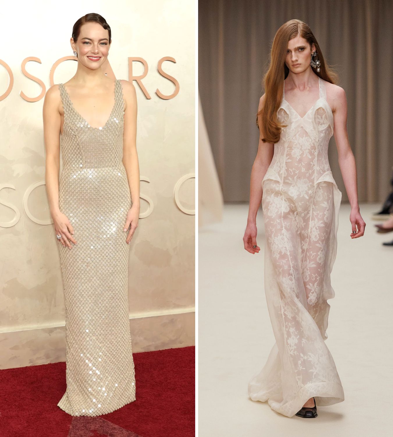 Emma stone and a model from the aw26 mcqueen show