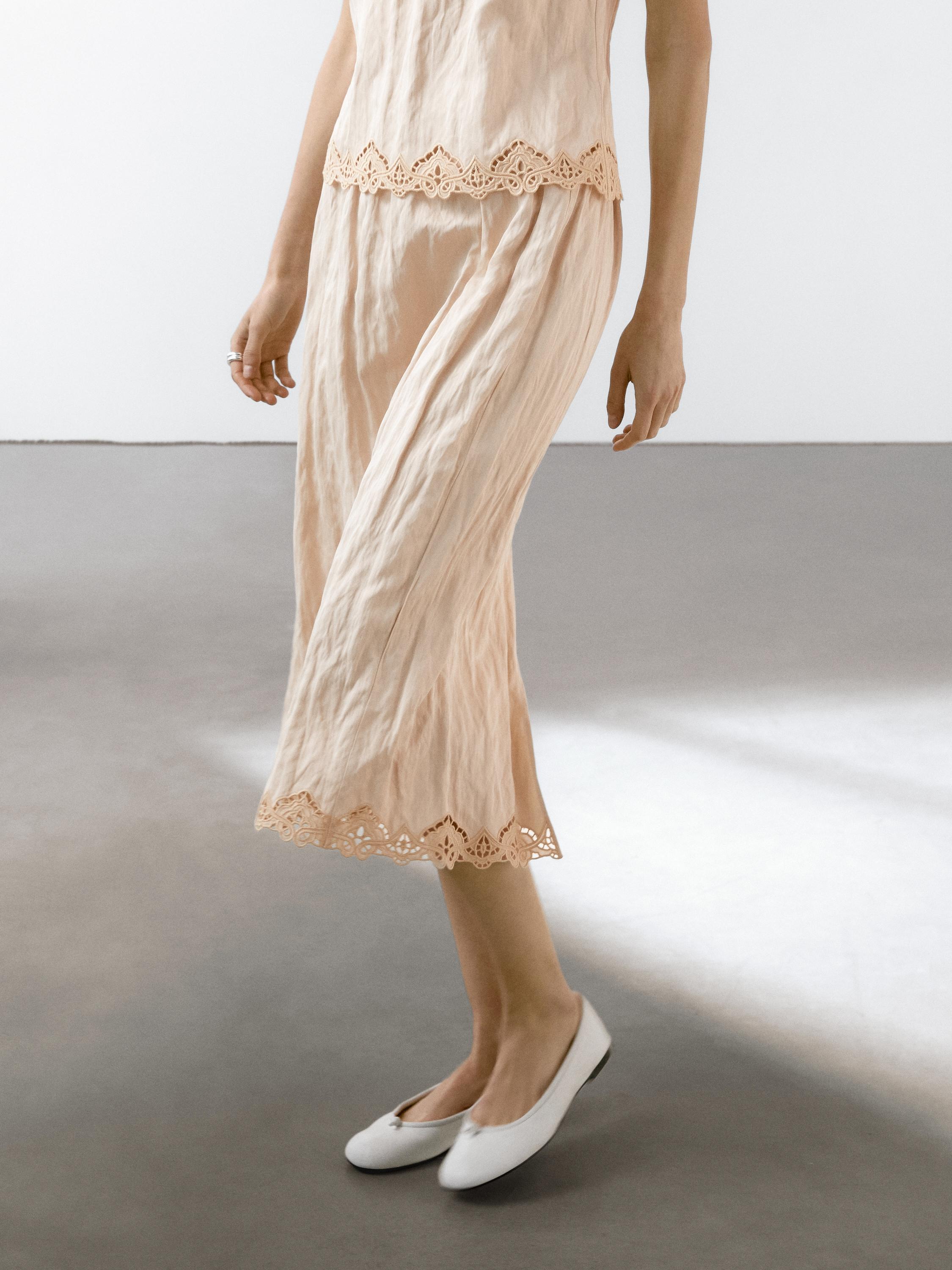 Massimo Dutti, Flowing Midi Skirt With Blonde Lace Detail