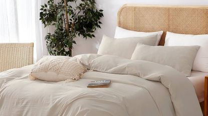 the best places to buy affordable bedding, Affordable bedding from Amazon on a bed against a white wall.