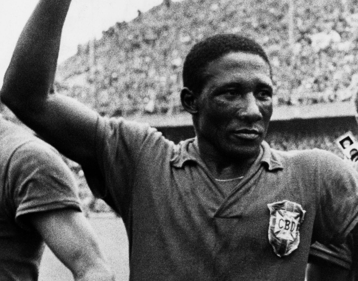 Djalma Santos celebrates Brazil's victory over Sweden in the 1958 World Cup final