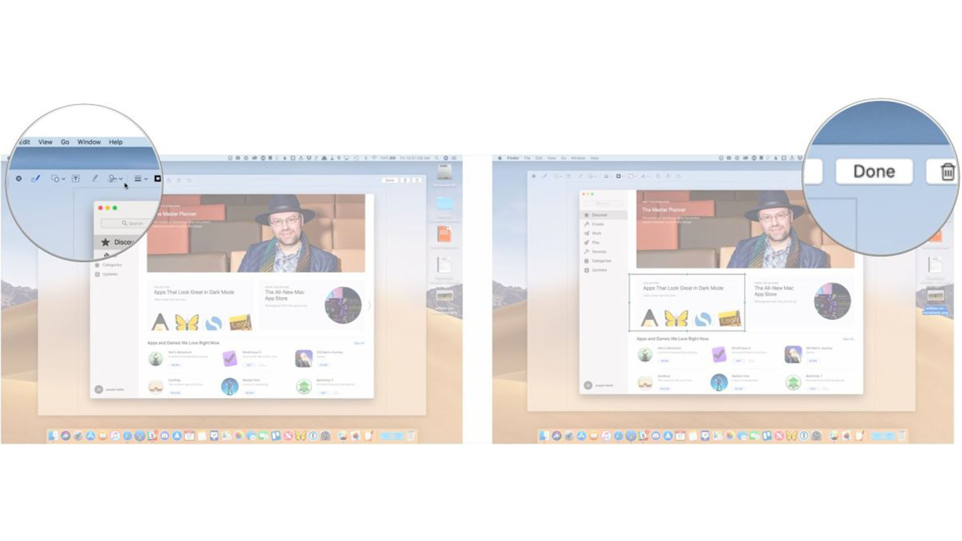 Чтобы отредактировать снимок экрана на Mac, используйте панель инструментов, нажмите «Готово».