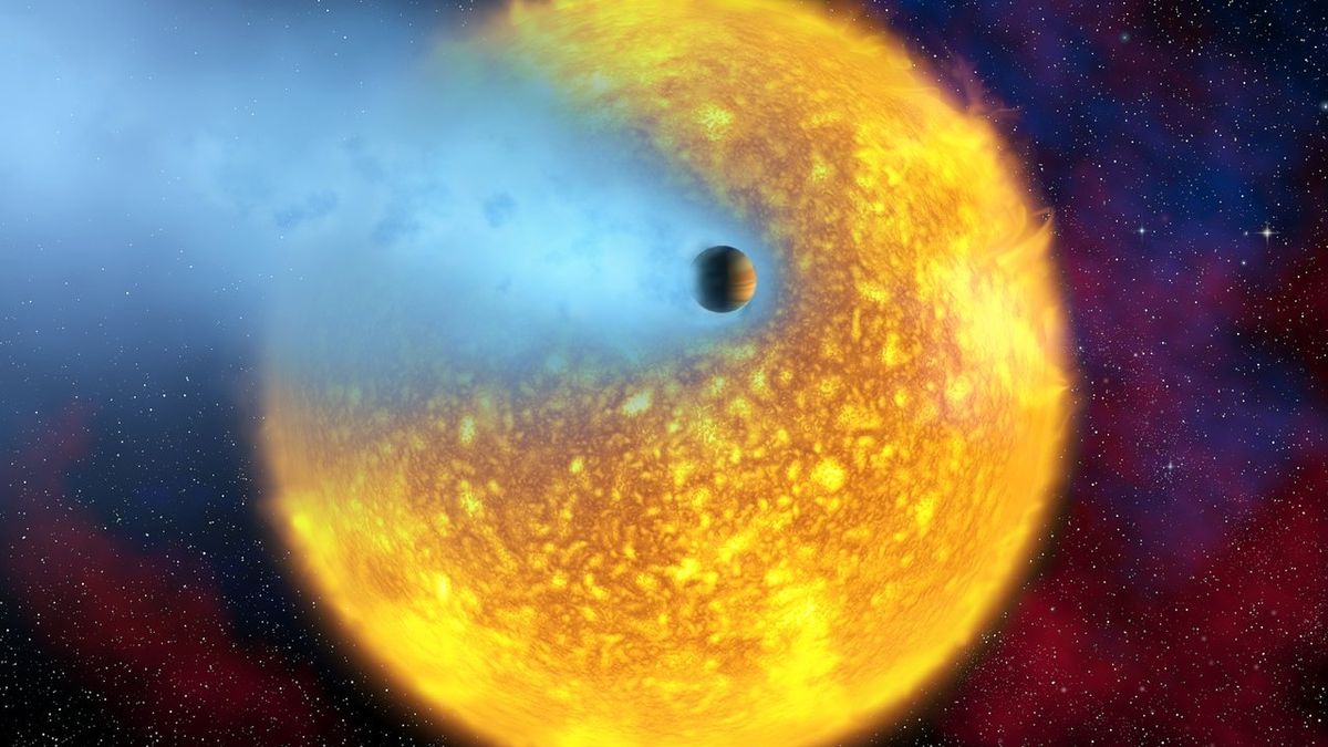 An artist&#039;s illustration of a planet with an evaporating trail of matter running behind it. A giant star is in the background.