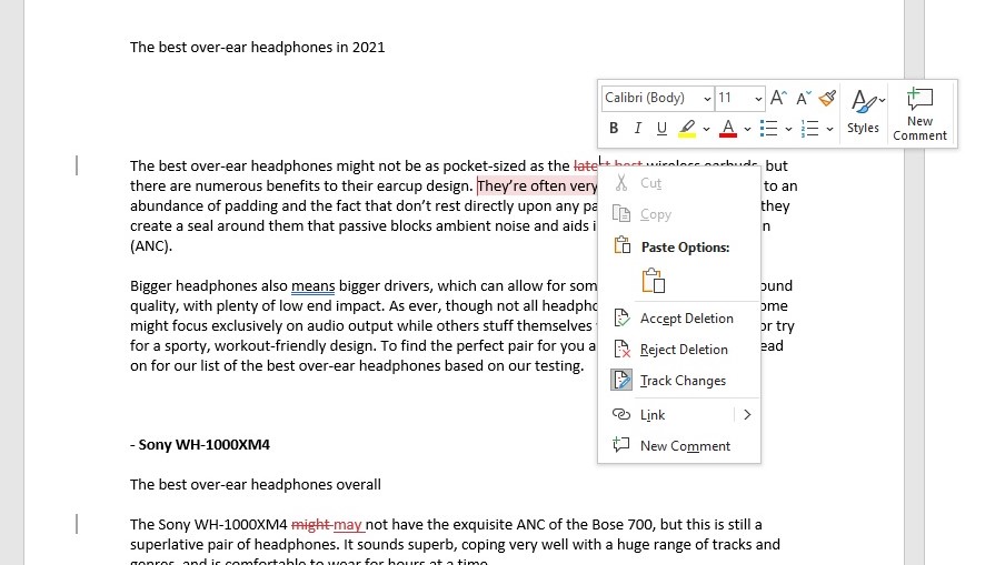 How to track changes in Word: Accept or reject changes step 1: Right-click on edited text