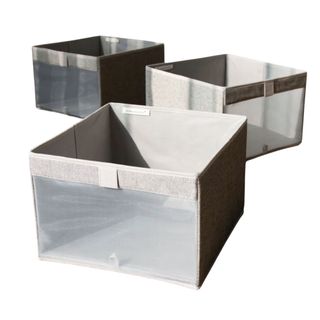 Three empty gray fabric boxes with see-through mesh fronts for visibility 