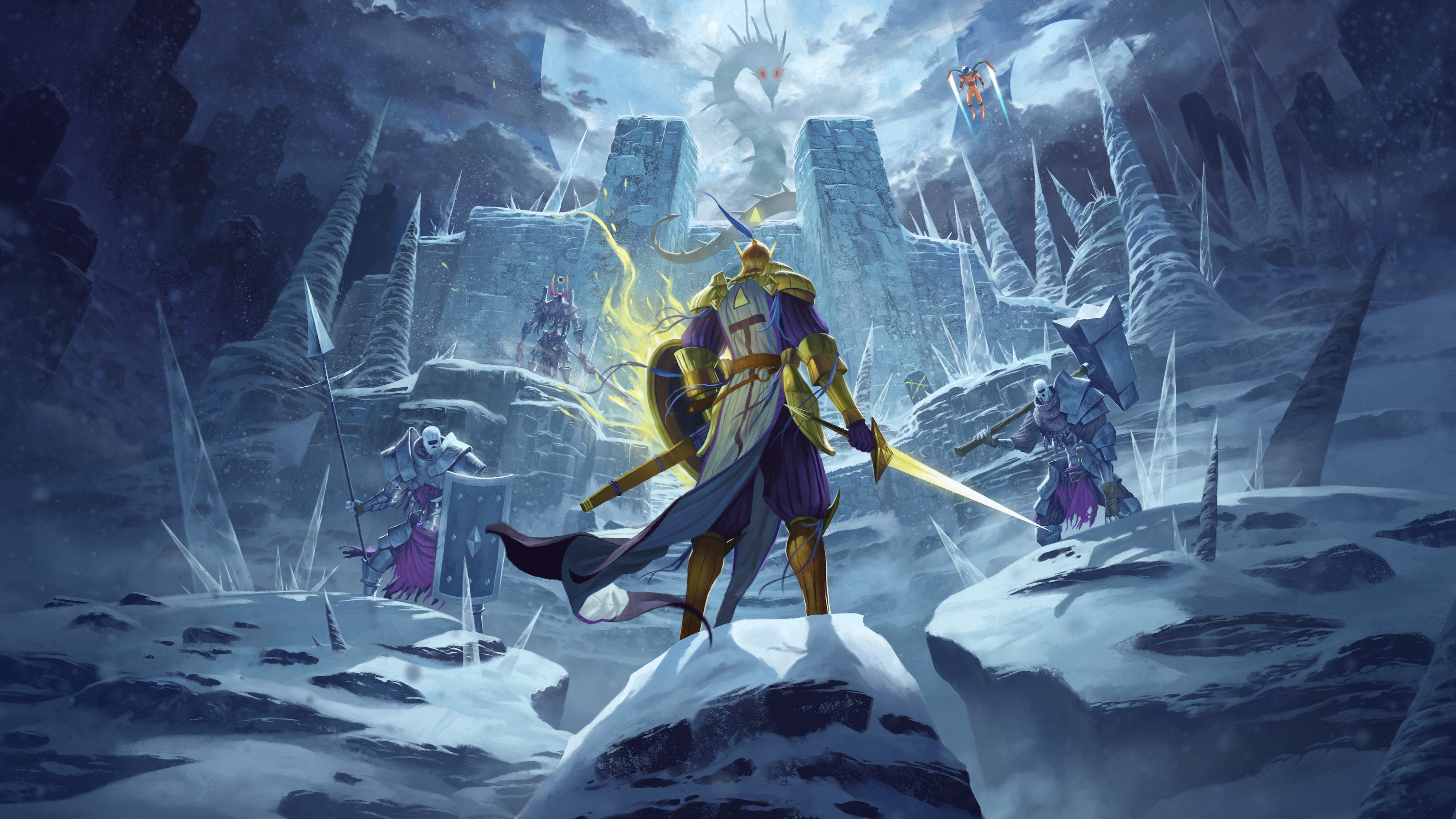 A soldier in an icy landscape facing off against two well-armed skeleton enemies while a dragon watches in the background