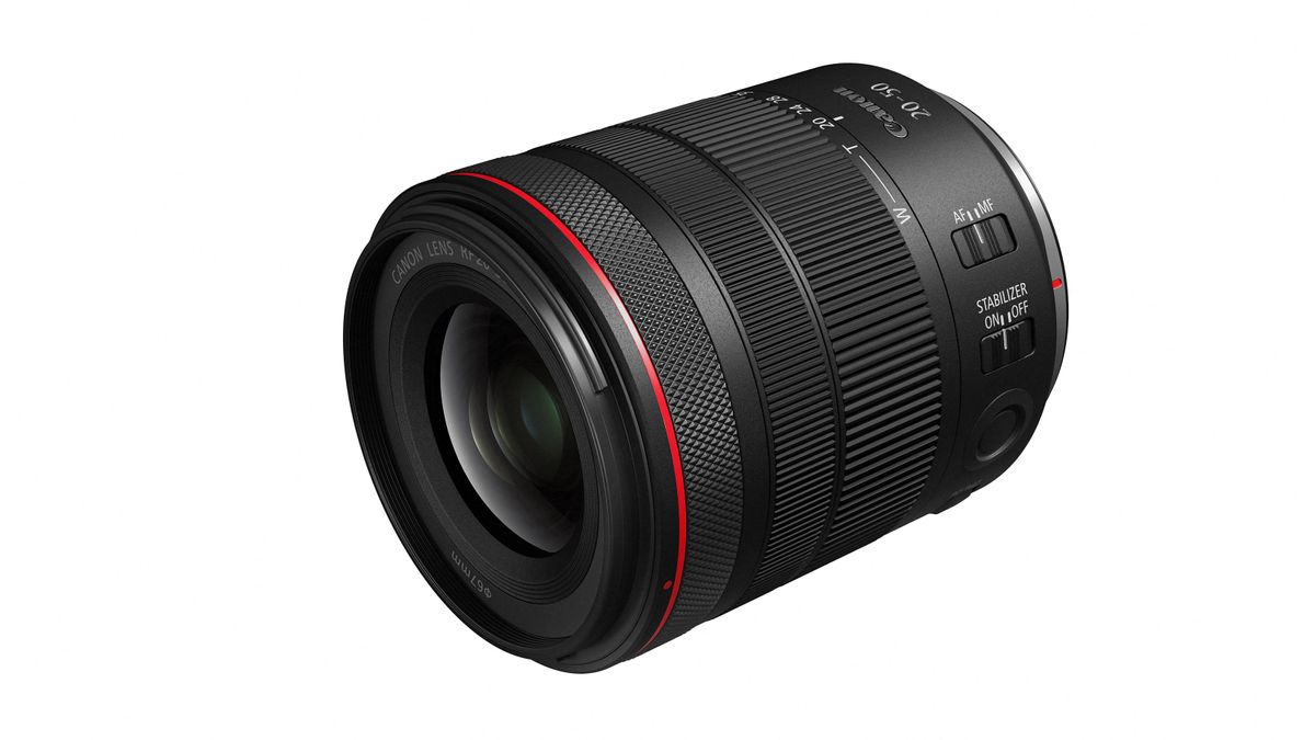 Canon RF 20-50mm f/4L IS USM PZ lens against a white background