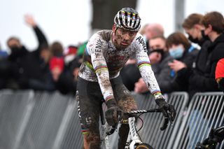 Mathieu van der Poel of Alpecin-Fenix crosses the finish line in second place on his cyclo-cross return at Dendermonde World Cup on Sunday