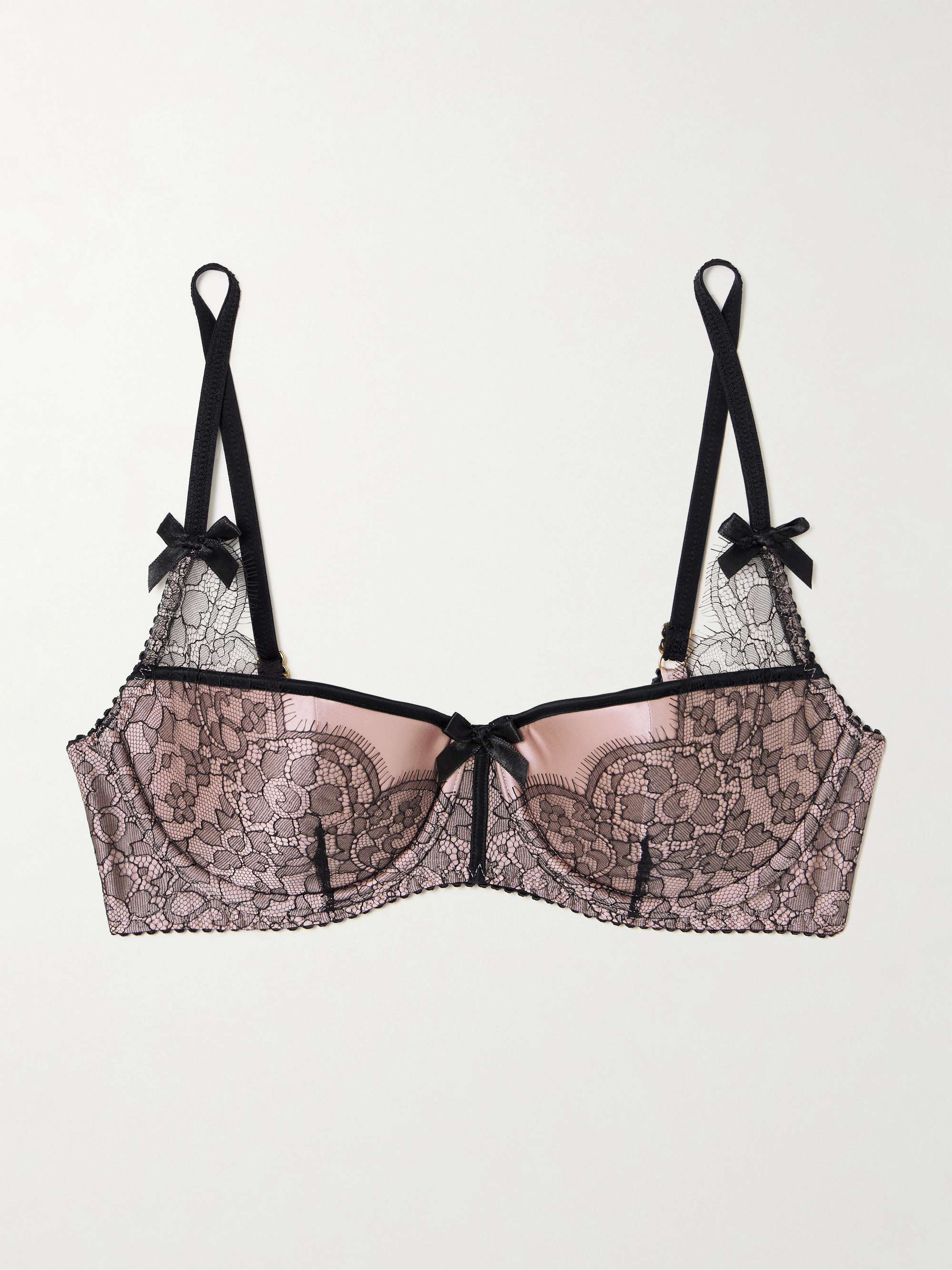 Sammi Bow-Embellished Leavers Lace-Trimmed Stretch Silk-Satin Underwired Balconette Bra