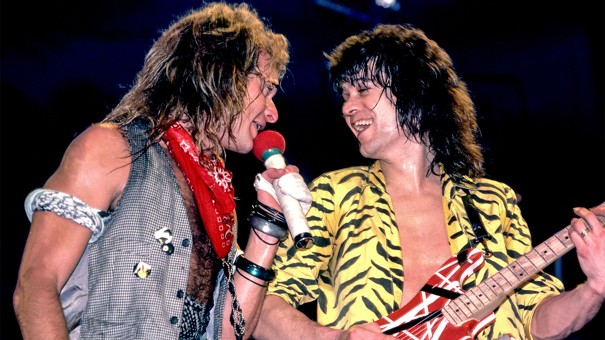 David Lee Roth and Eddie Van Halen of Van Halen on 1/18/84 in Jacksonville, Il.