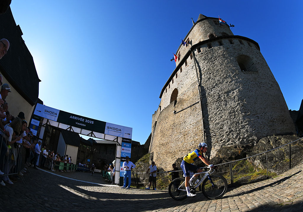 VIANDEN, LUXEMBOURG - SEPTEMBER 19: Romain Gregoire of France and Team Groupama - FDJ - Yellow Leader Jersey crosses the finish line during the 85th Tour de Luxembourg, Stage 3 a 170.5km stage from Mertert to Vianden on September 19, 2025 in Vianden, Luxembourg. (Photo by Tim de Waele/Getty Images)