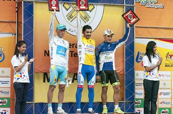 Competition leaders (l-r): Alexandr Dyachenko (Astana, Leading Asian), Jose Serpa (Androni Giocattoli, Tour leader and KOM), and Andrea Guardini (Farnese Vini, Sprint Points leader).