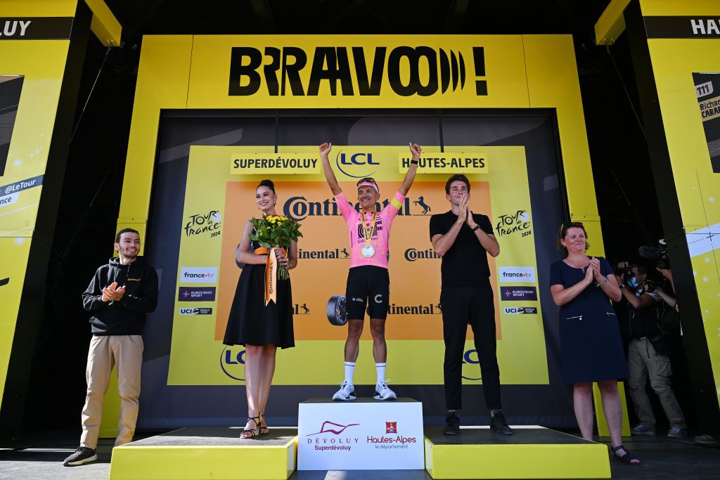 SUPERDEVOLUY LE DEVOLUY FRANCE JULY 17 Richard Carapaz of Ecuador and Team EF Education EasyPost celebrates at podium as stage winner during the 111th Tour de France 2024 Stage 17 a 1778km stage from SaintPaulTroisChateaux to Superdevoluy 1500m UCIWT on July 17 2024 in Superdevoluy Le Devoluy France Photo by Dario BelingheriGetty Images