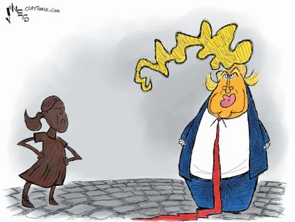 Political Cartoon U.S. Donald Trump Wall Street Fearless Girl statue