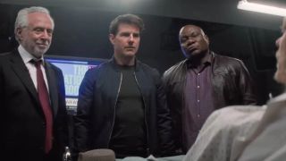 Wolf Blitzer (really Simon Pegg as Benji Dunn) with Tom Cruise and Ving Rhames in Mission: Impossible - Fallout