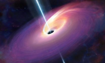 In this artist rendition a black hole rips apart a star that wandered too close, creating a beam of energy that crossed 3.8 billion light years to be noticed from Earth.