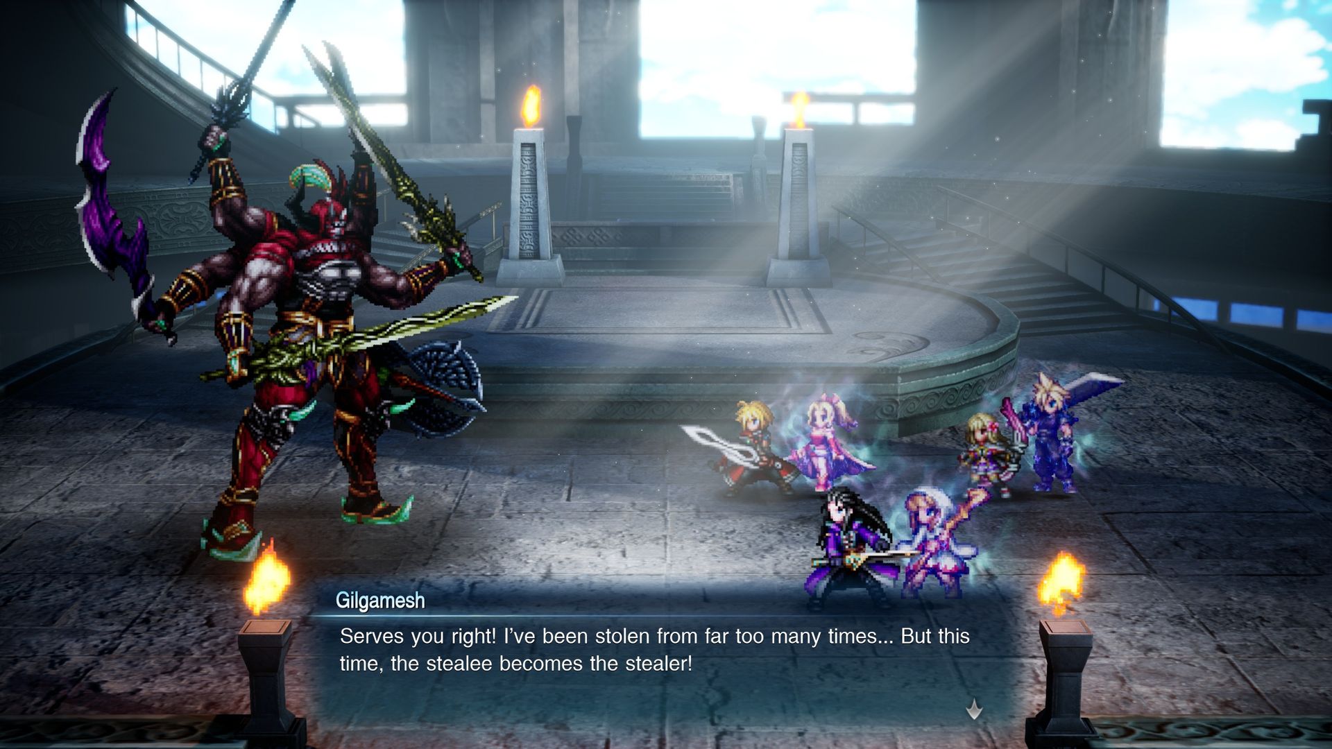 A hulking red-armored warrior faces a group of colorful heroes in a fantasy arena; a dialogue box adds a tense, dramatic video game tone.