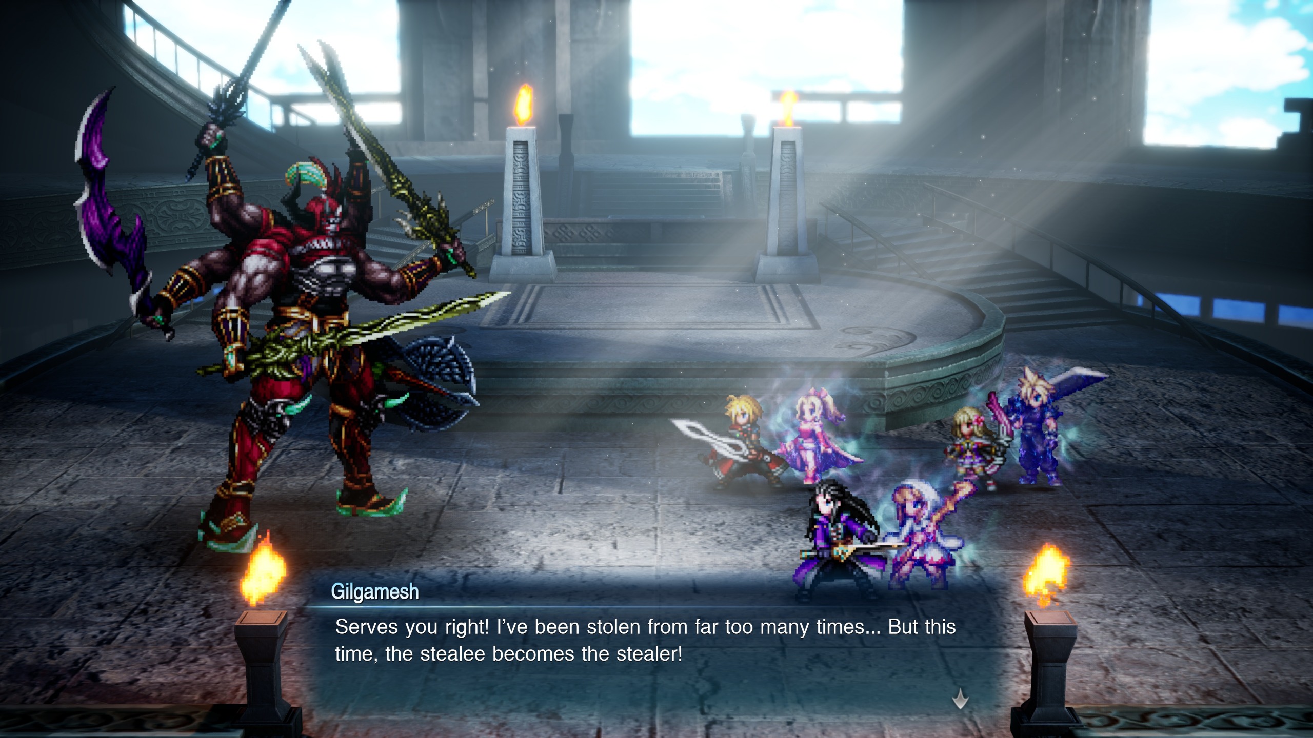 A hulking red-armored warrior faces a group of colorful heroes in a fantasy arena; a dialogue box adds a tense, dramatic video game tone.