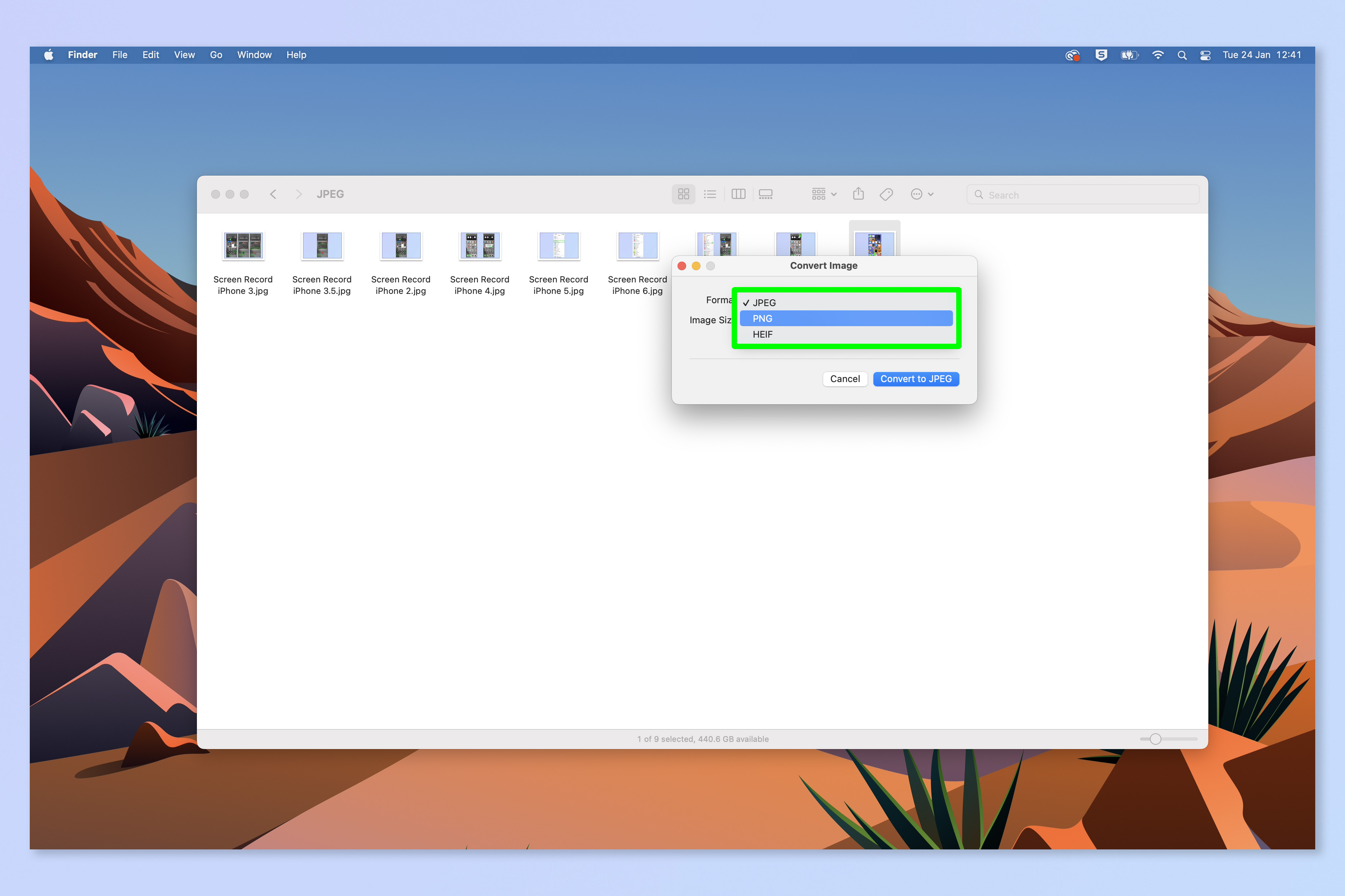 Снимок экрана, показывающий шаги, необходимые для преобразования изображений на Mac.