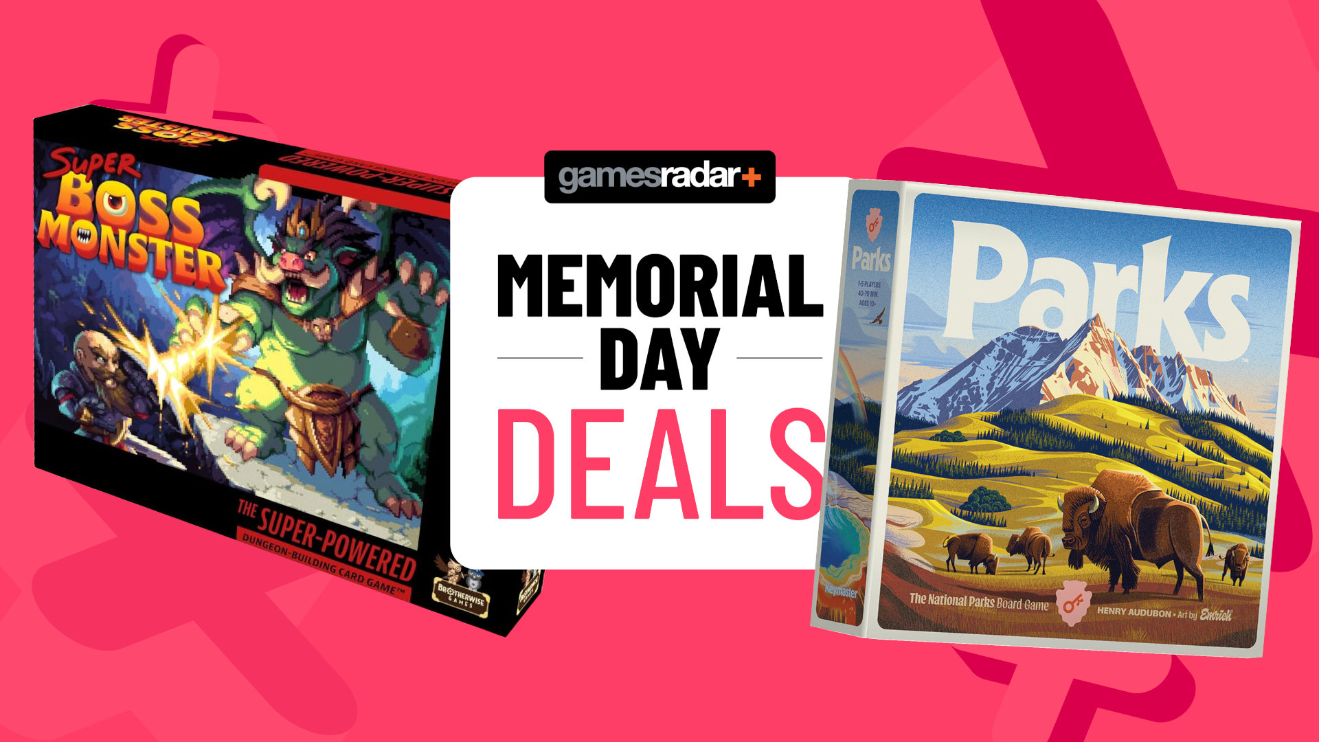 Super Boss Monster and Parks boxes on either side of a GamesRadar+ Memorial Day deals badge, all against a pink background with 3D crosses