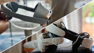 A Samsung Galaxy XR headset and a Meta Quest 3 headset in a split image