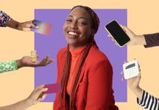 Best credit cards for cashback concept with woman and payment methods and money aroundher