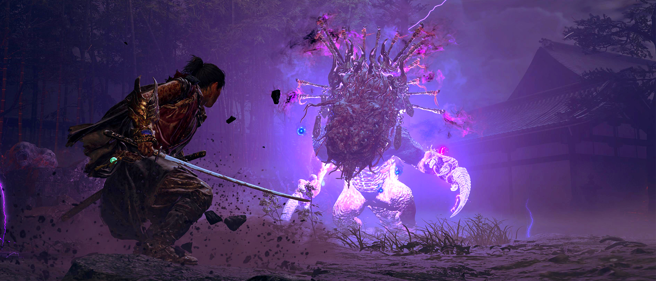 A samurai faces a glowing purple monster