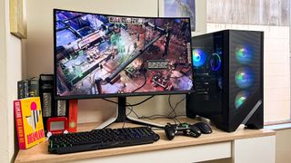 MSI Codex R2 14 review unit on a desk running a game