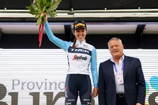 Shirin van Anrooij (Trek-Segafredo) on the podium in second overall at the Vuelta a Burgos Feminas